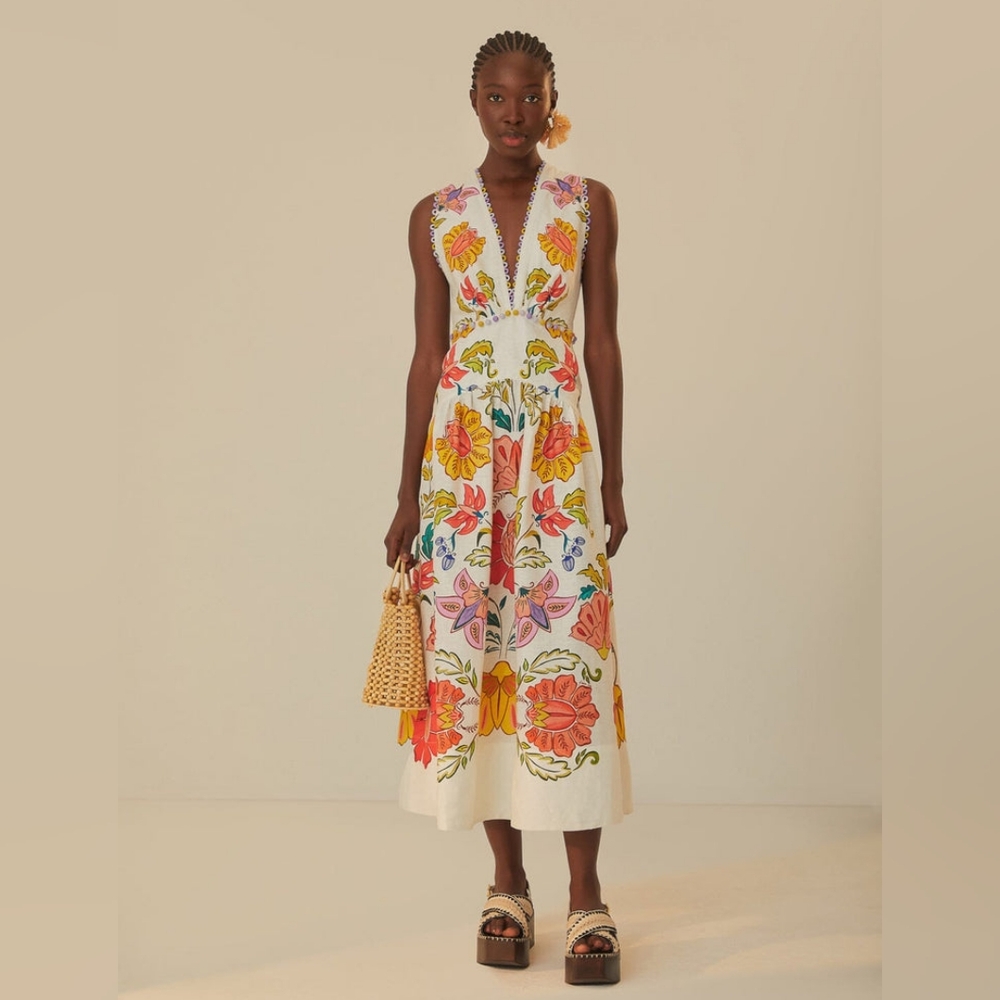 Farm Rio off-white floral insects  linen maxi dress size XL